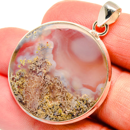 Sterling silver plume agate pendant, round peach stone with gold-brown plume inclusions