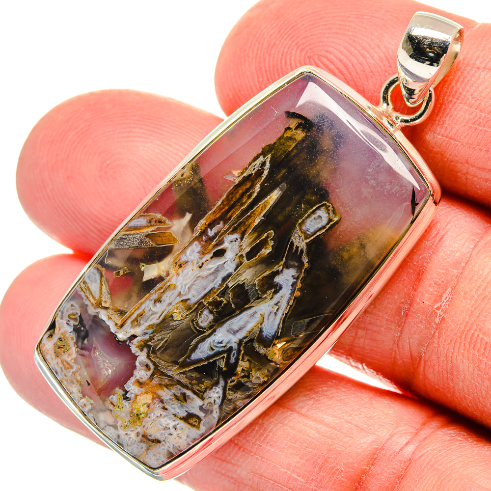 Rectangular agate pendant with 925 sterling silver bail, amber-brown stone with white patterns