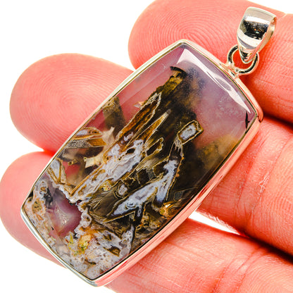 Rectangular agate pendant with 925 sterling silver bail, amber-brown stone with white patterns