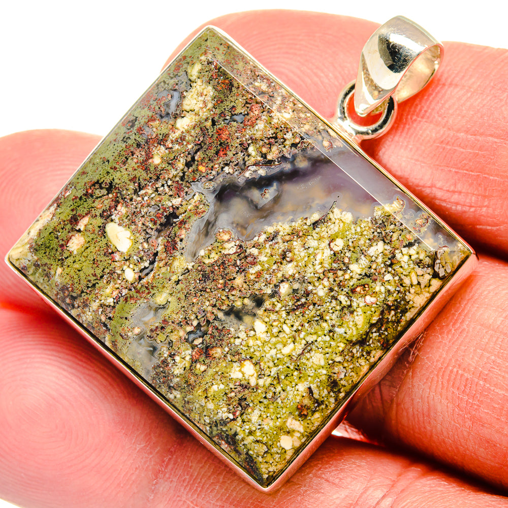 Sterling silver square plume agate pendant with gold-toned speckled gemstone, bail loop