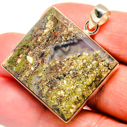 Sterling silver square plume agate pendant with gold-toned speckled gemstone, bail loop