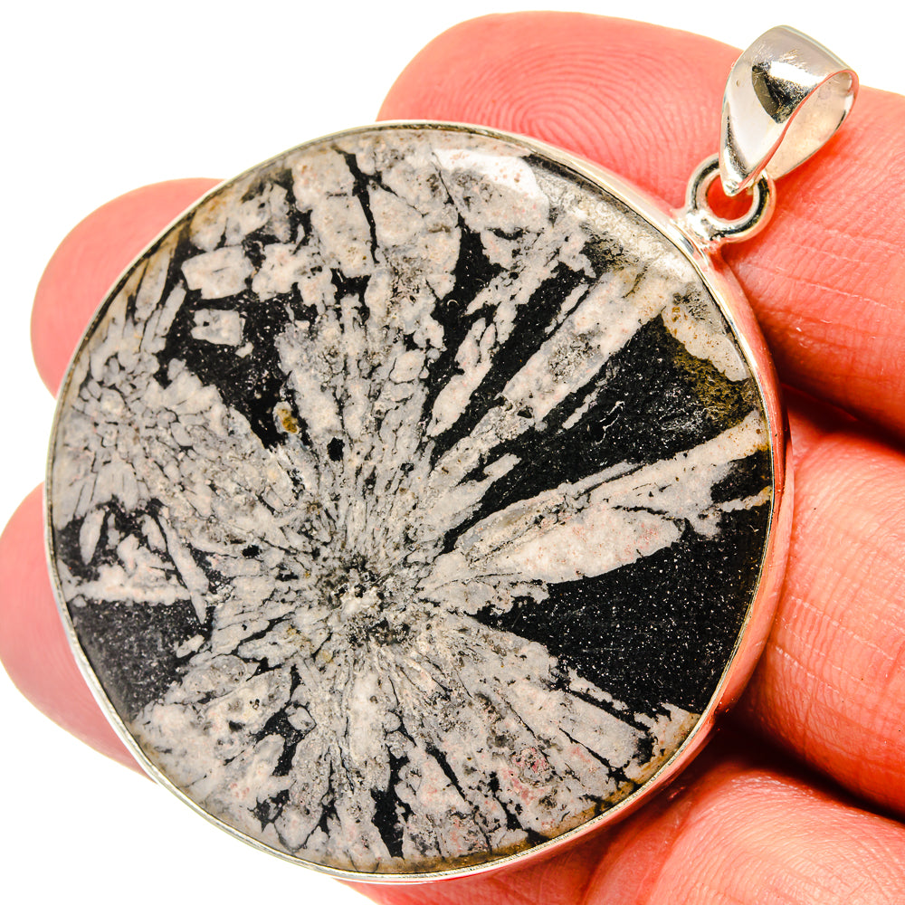 Round chrysanthemum stone pendant in 925 sterling silver bezel, shown on fingers