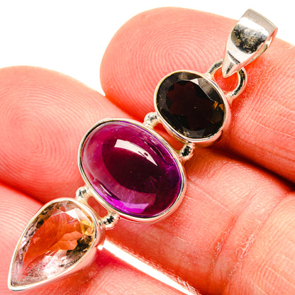 Sterling silver gemstone pendant with oval purple, oval smoky black, teardrop amber stone