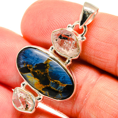 Sterling silver pendant with oval blue pietersite and two herkimer crystal accents