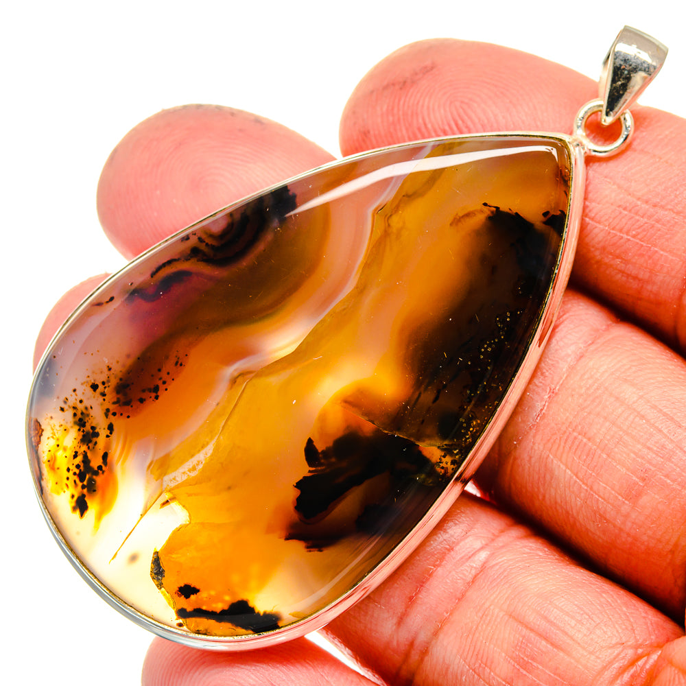 Teardrop Montana agate pendant with amber/dark patterns, 925 sterling silver bail