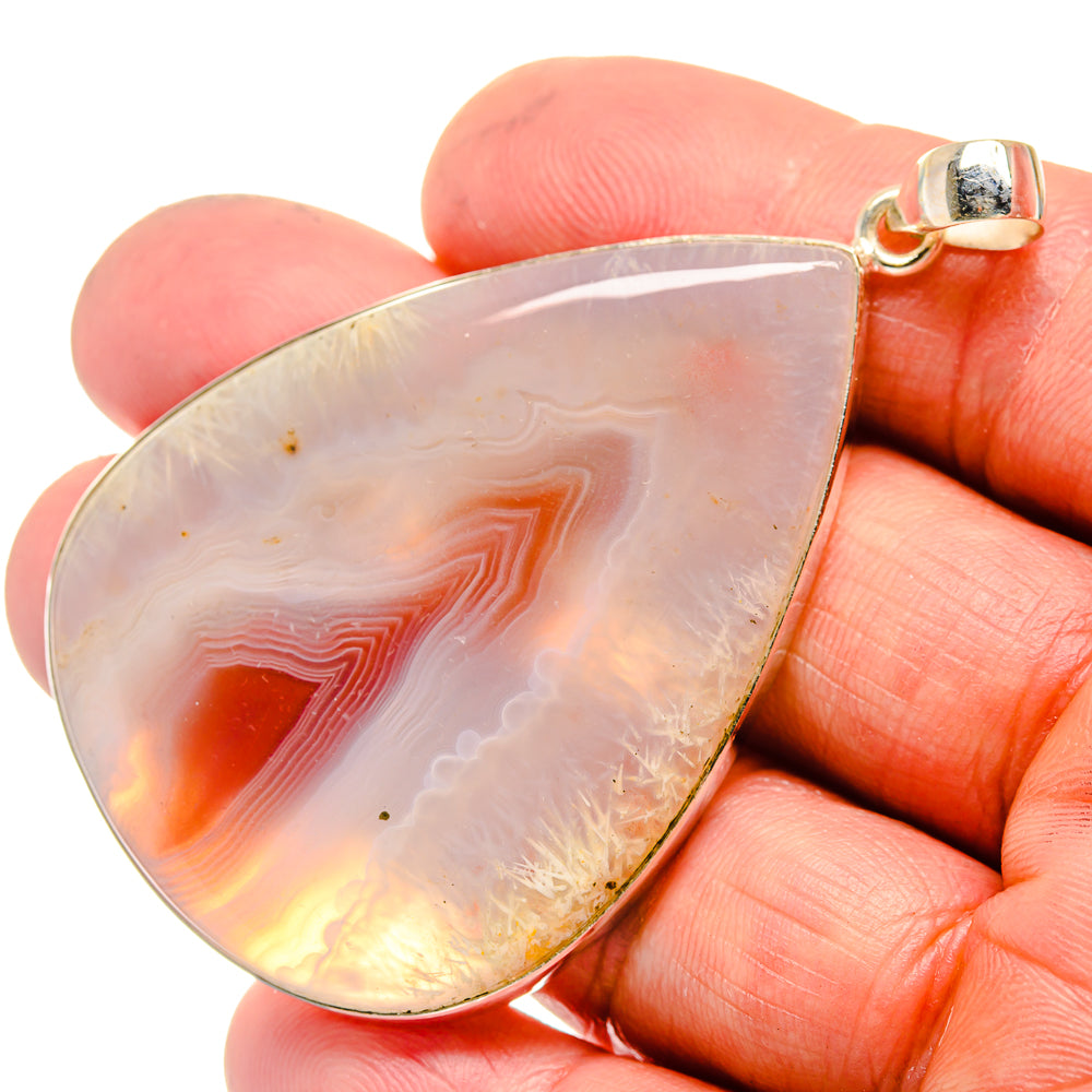 Teardrop Botswana agate pendant in sterling silver with loop bail, white and orange bands