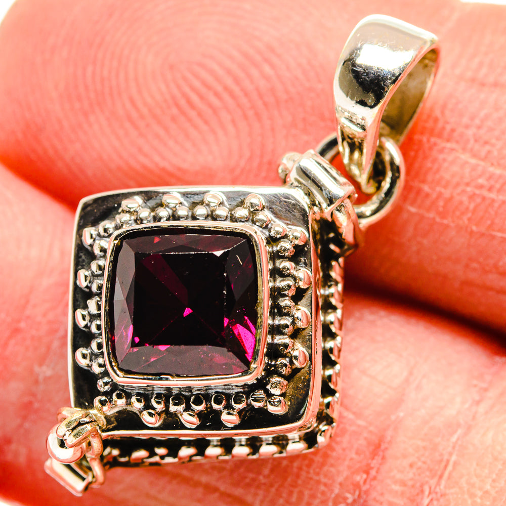 925 sterling silver square garnet pendant with dark red stone and ornate frame