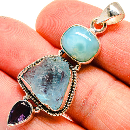 925 silver gemstone pendant with blue cabochon top, rough blue stone, purple teardrop