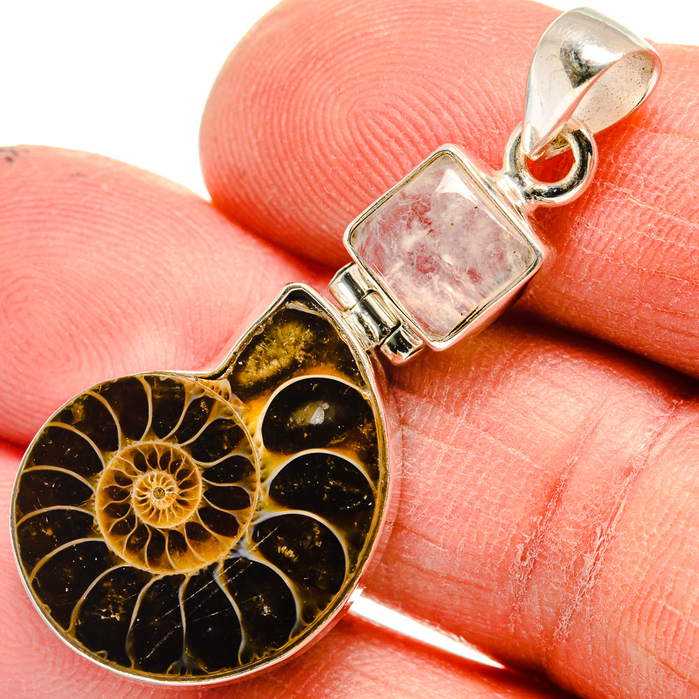 Ammonite fossil pendant close-up: dark brown spiral shell with iridescent square moonstone
