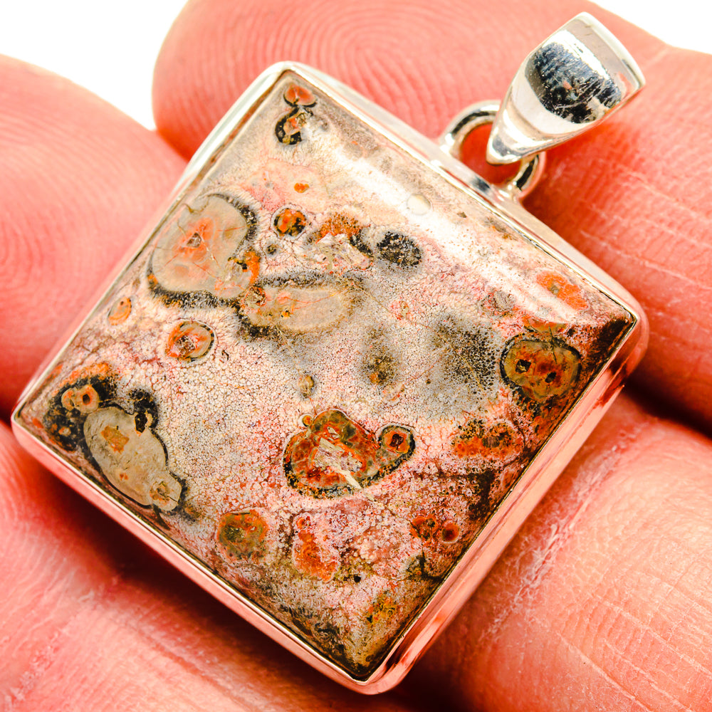 Square poppy jasper pendant cabochon, orange-black speckled pattern, silver bail and frame
