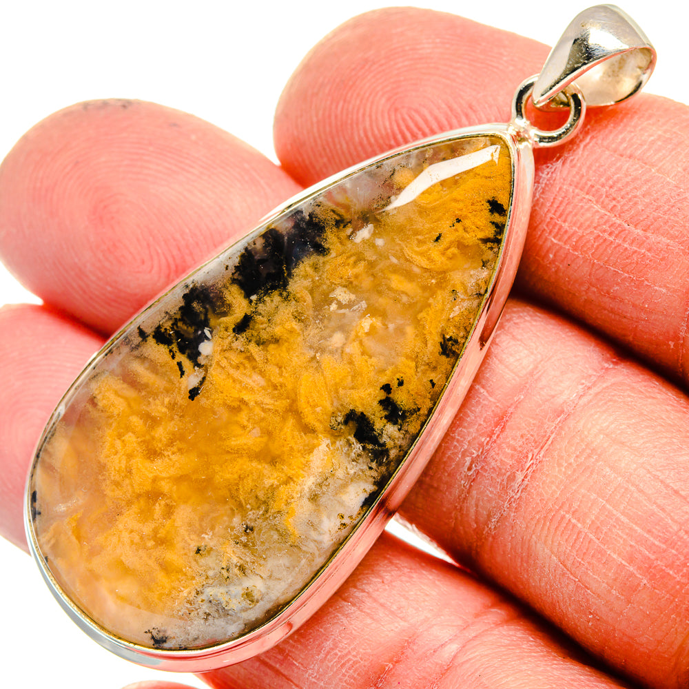Amber and black plume agate teardrop pendant with 925 sterling silver bail