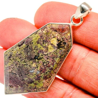 Sterling silver plume agate octagonal pendant with yellow-green and purple mottling