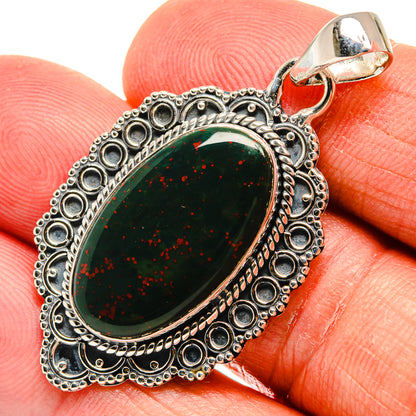 Oval bloodstone pendant in 925 sterling silver, dark green stone with red flecks