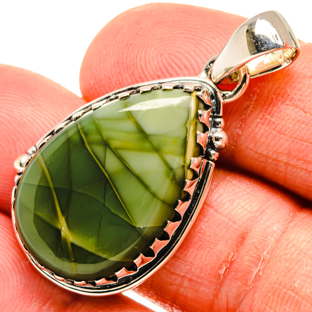 Jasper teardrop pendant, green stone in 925 sterling silver bezel with loop bail