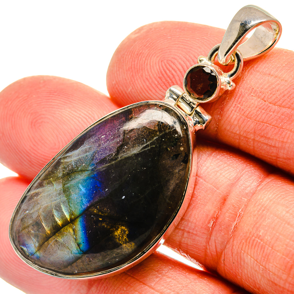 Sterling silver pendant with teardrop labradorite, smoky quartz accents, hinged bail