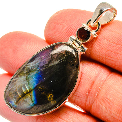 Sterling silver pendant with teardrop labradorite, smoky quartz accents, hinged bail