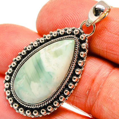 Sterling silver teardrop ocean jasper pendant with green oval stone and bead trim