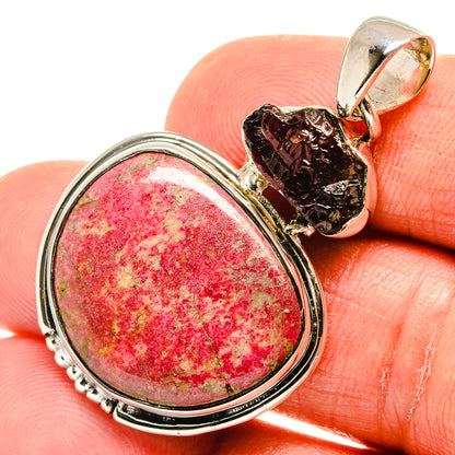 Oval red gemstone pendant, 925 sterling silver with rough garnet accent