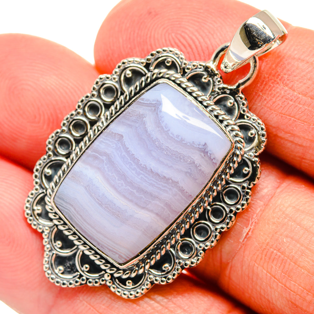 Rectangle blue lace agate pendant in ornate 925 sterling silver with round bail