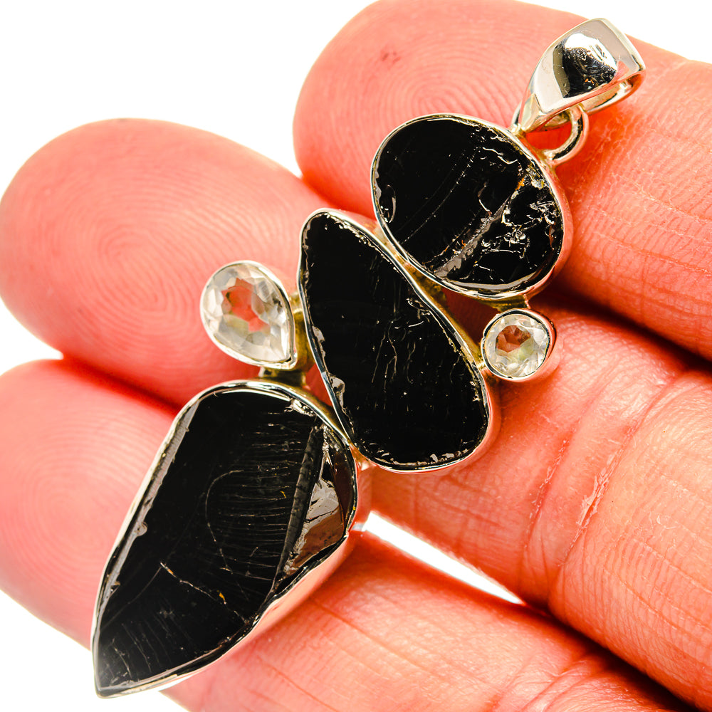 Black rough shungite pendant with clear bezel stones and 925 sterling silver bail