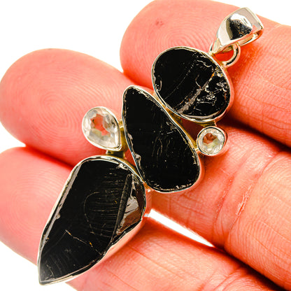 Black rough shungite pendant with clear bezel stones and 925 sterling silver bail