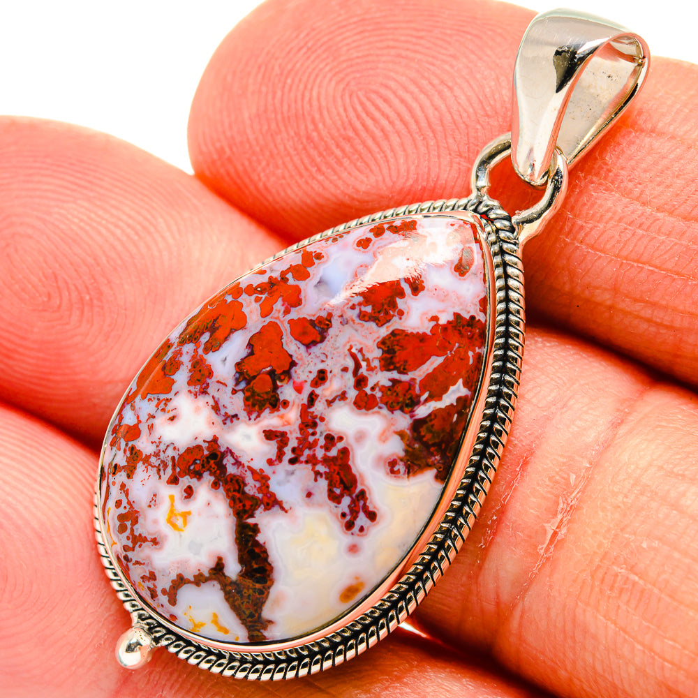 Teardrop red and white agate pendant in 925 sterling silver, small loop bail