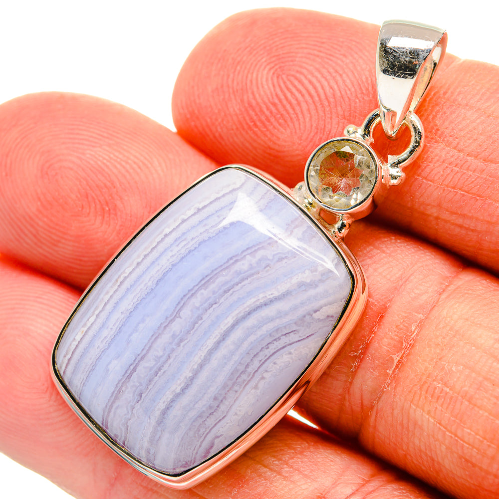 Blue Lace Agate, White Quartz Pendants handcrafted by Ana Silver Co - PD24448