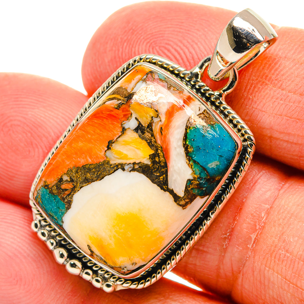 Rectangular spiny oyster pendant with turquoise blue and orange-white stones in 925 silver