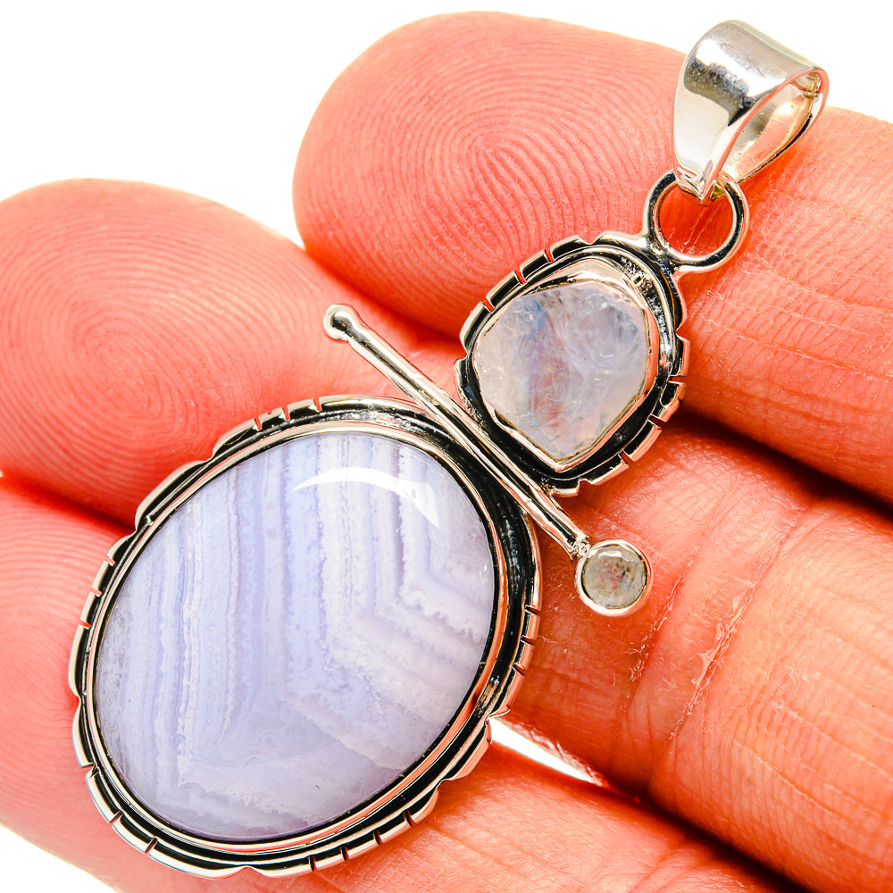 Blue Lace Agate, Rainbow Moonstone Pendants handcrafted by Ana Silver Co - PD24453