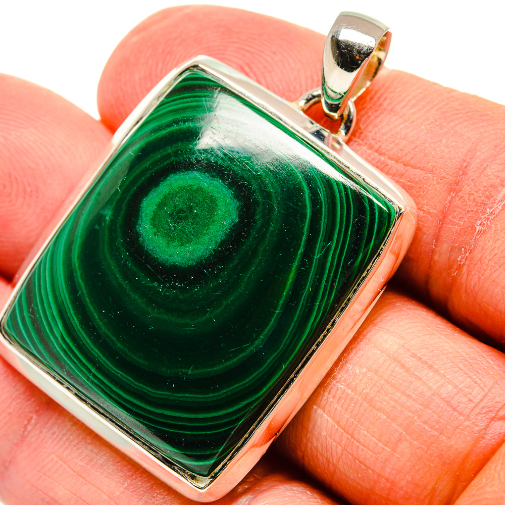 Green malachite square pendant in 925 sterling silver bezel with bail, close-up