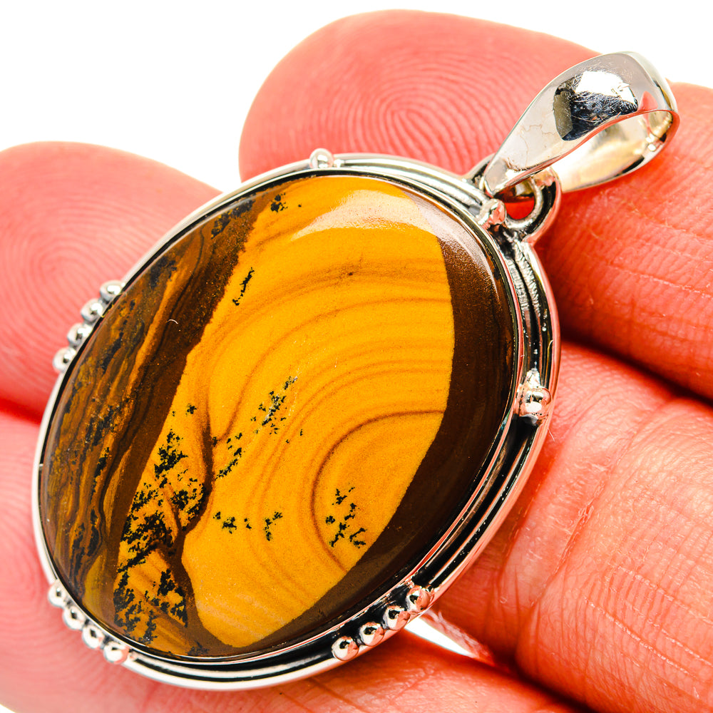 Picture jasper oval pendant in 925 sterling silver with round beaded bezel