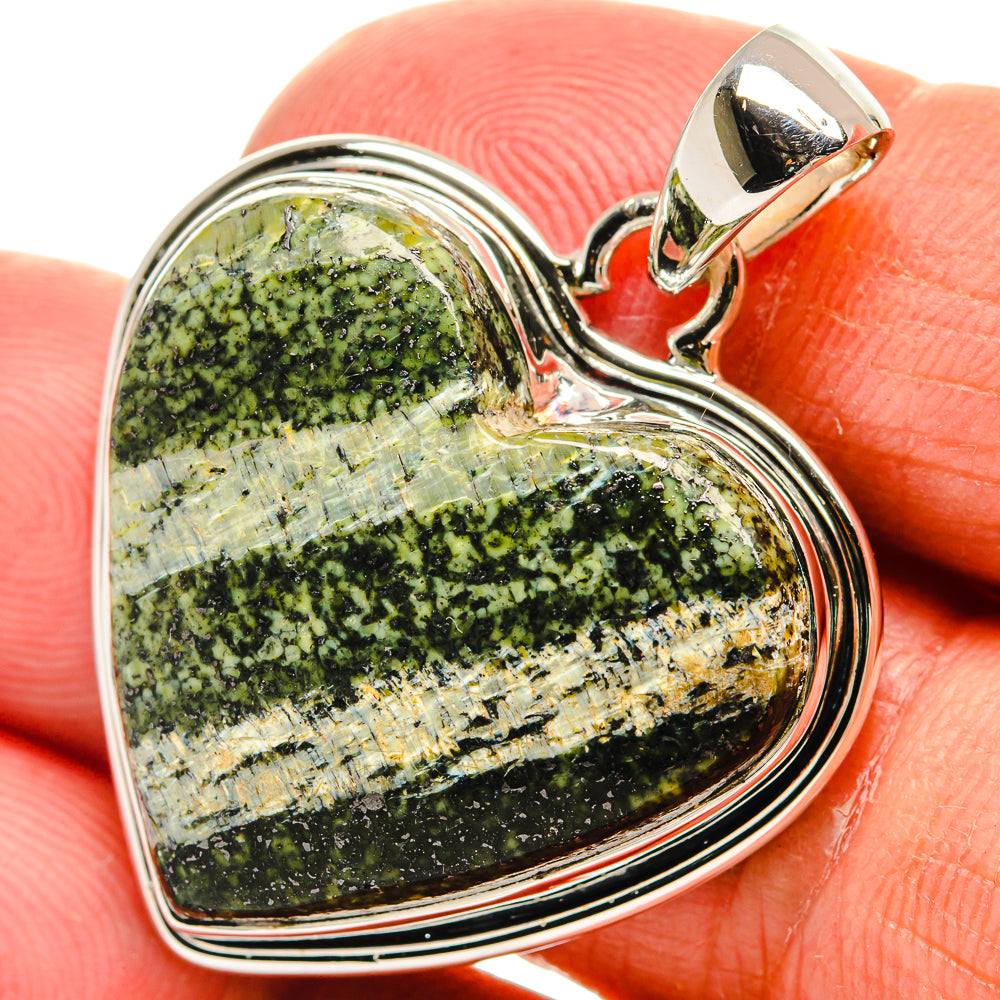 Heart-shaped lizard jasper pendant, 925 sterling silver bezel and bail, green stone
