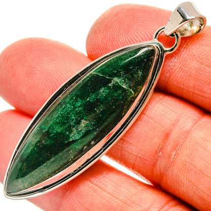 Green aventurine teardrop pendant in sterling silver with bail, dark green stone