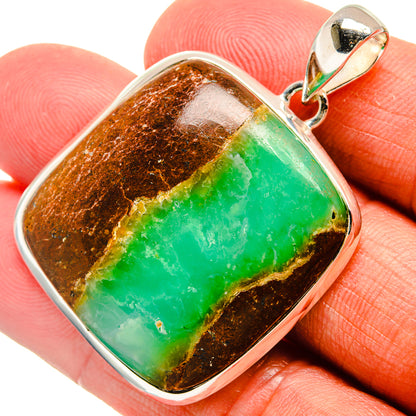 Chrysoprase pendant 925 sterling silver bail, green stone with brown matrix pattern