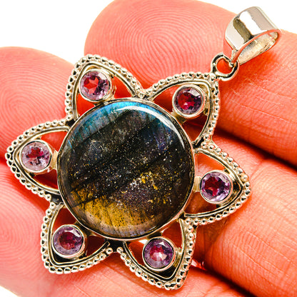 Sterling silver heart pendant with dark round labradorite and purple amethyst side stones