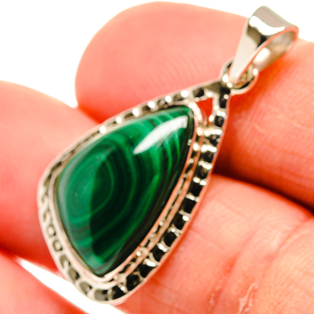 Malachite gemstone pendant in 925 sterling silver, teardrop bezel with textured edge