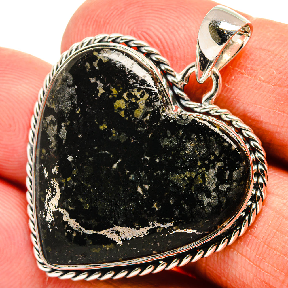 Black onyx heart pendant with gold pyrite flecks, 925 sterling silver rope frame and bail