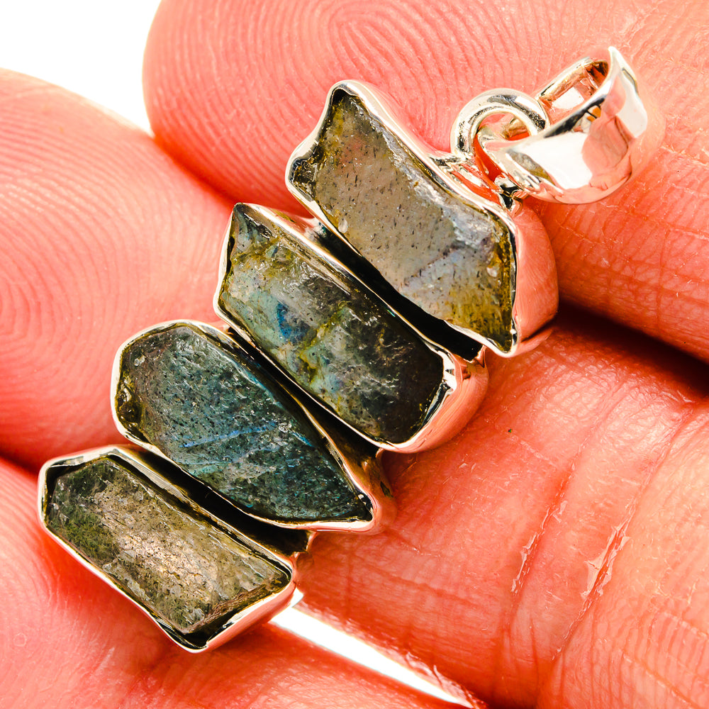 Rough labradorite pendant, sterling silver bezel with three rough stone drops