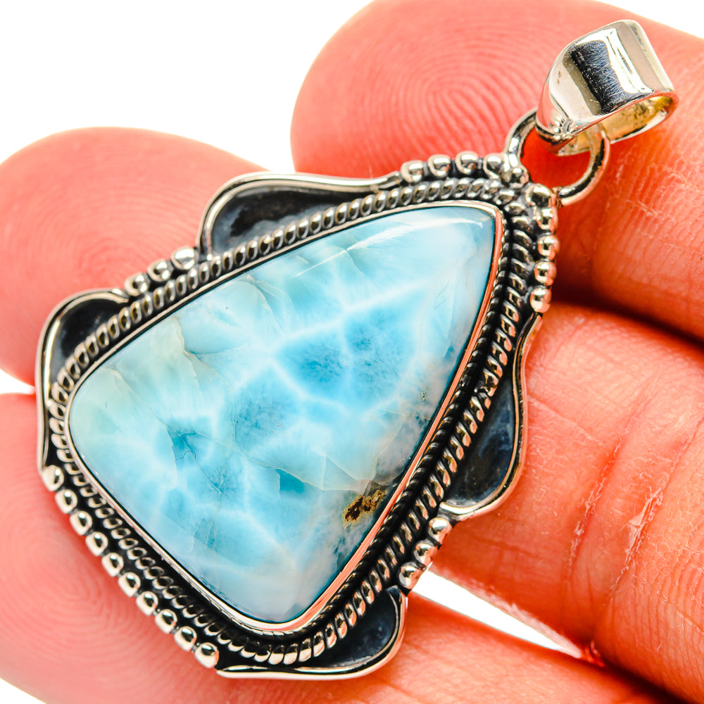 Larimar pendant in 925 sterling silver, triangular blue stone with ornate bezel