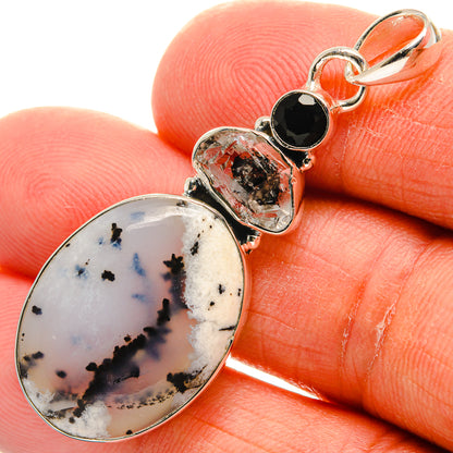 Oval dendritic opal pendant on sterling silver with black onyx and clear crystal bezel