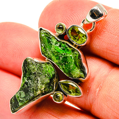 Sterling silver pendant with rough green diopside and peridot-green oval stones