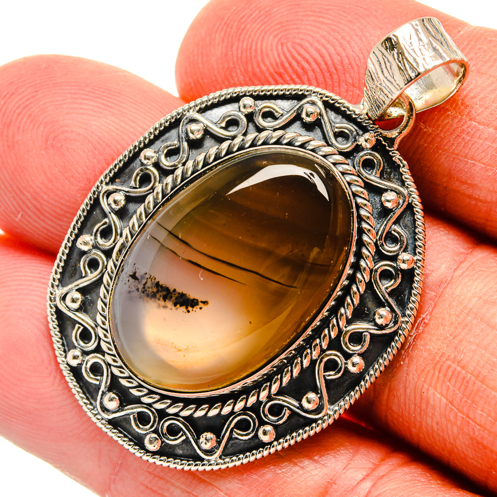 925 sterling silver Montana agate pendant, oval smoky amber stone in filigree bezel