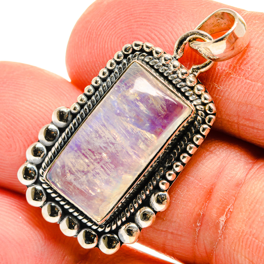 925 sterling silver moonstone pendant with rectangular rainbow stone, purple flash, beaded trim