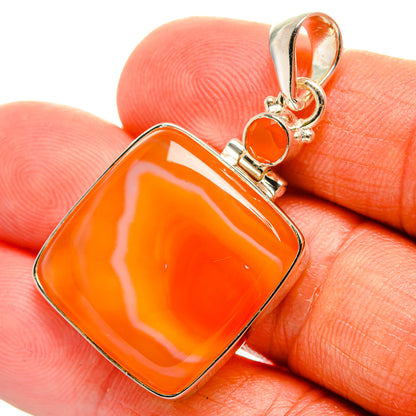Orange carnelian and agate square pendant in silver-tone bezel with bail loop