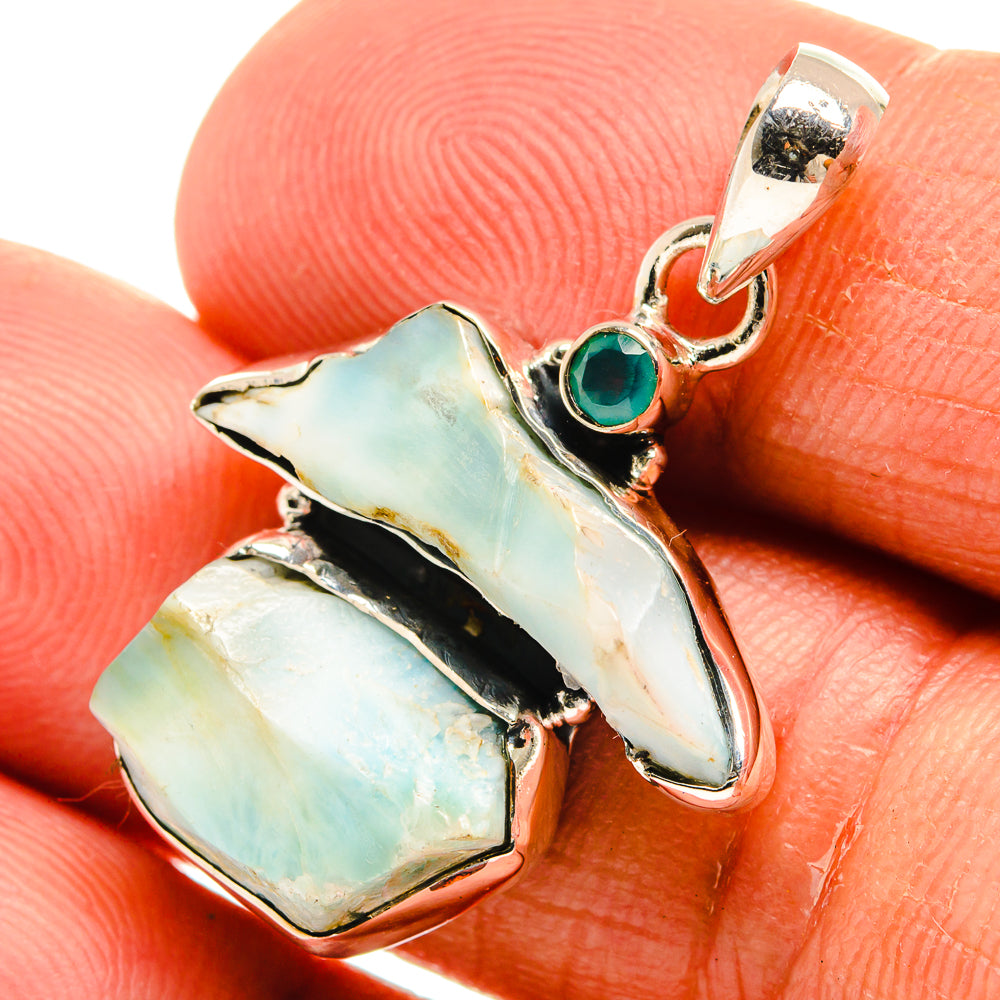 Rough aqua chalcedony pendant in 925 silver, with two irregular stones and teal round accent.