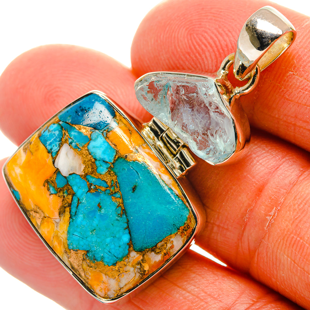 Turquoise and aquamarine stone pendant in 925 sterling silver, rectangular bezel