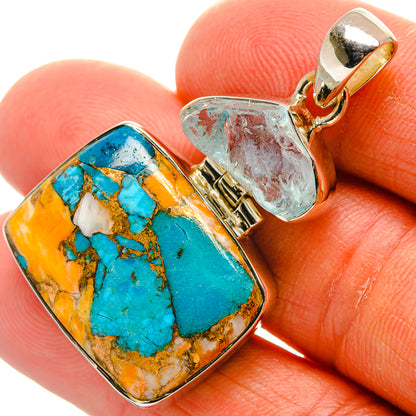 Turquoise and aquamarine stone pendant in 925 sterling silver, rectangular bezel