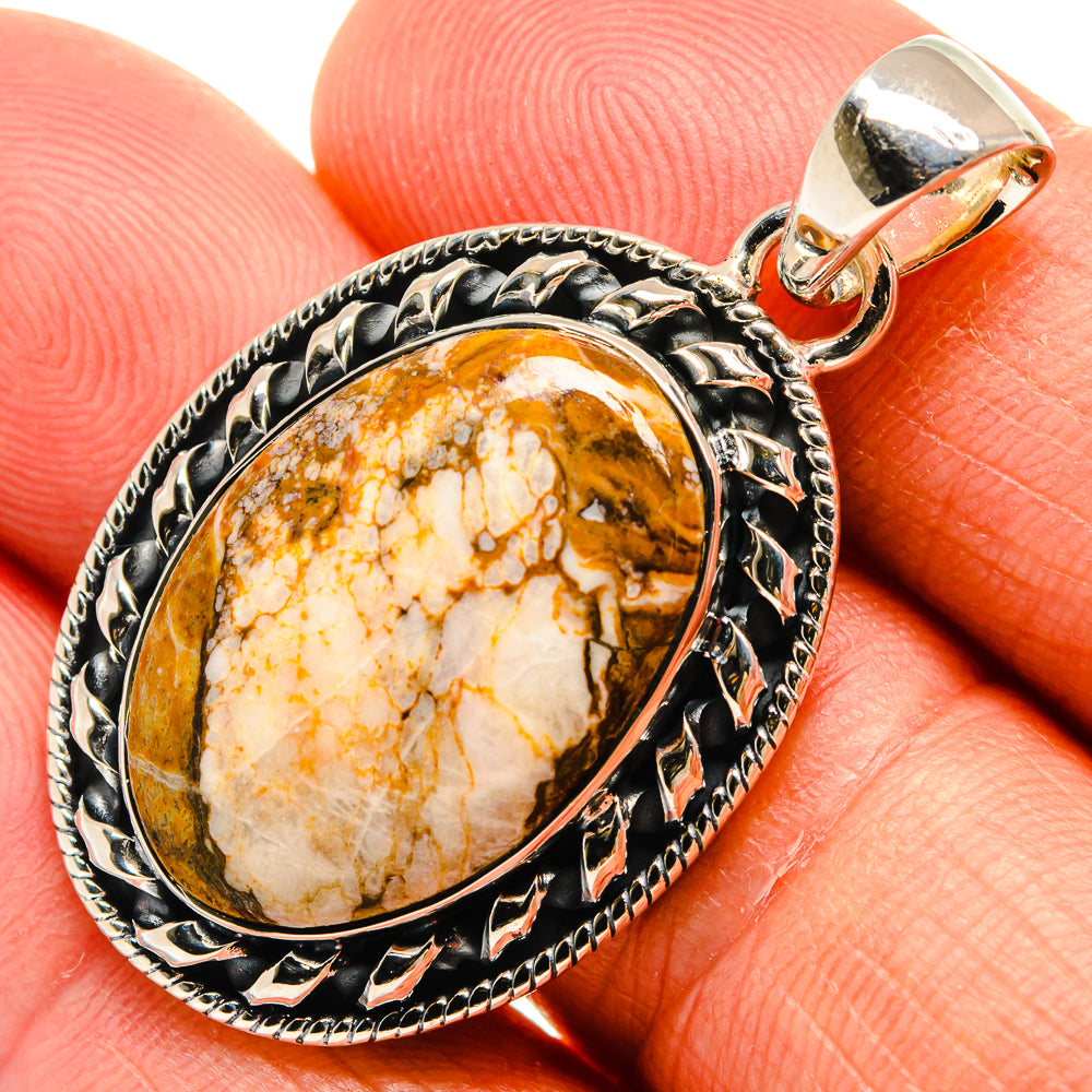 925 sterling silver oval pendant with wild horse jasper and ornate textured frame