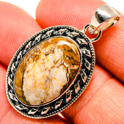 925 sterling silver oval pendant with wild horse jasper and ornate textured frame
