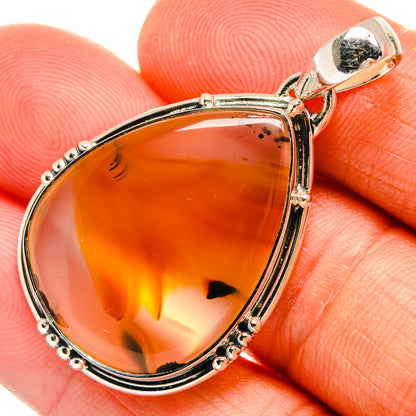 925 sterling silver teardrop agate pendant, amber translucent stone with flame pattern